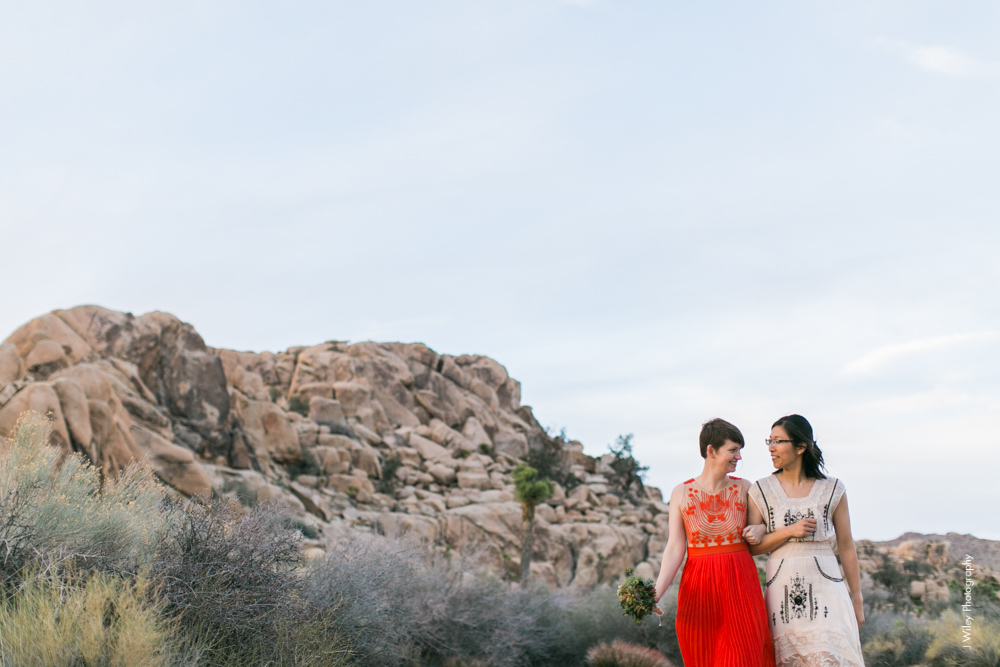 Joshua Tree Wedding Photographer desert Elopement photographer same sex wedding photographer marriage equality sacred sands indie diy offbeat candid vintage anthropologie free people dress succulents-0550